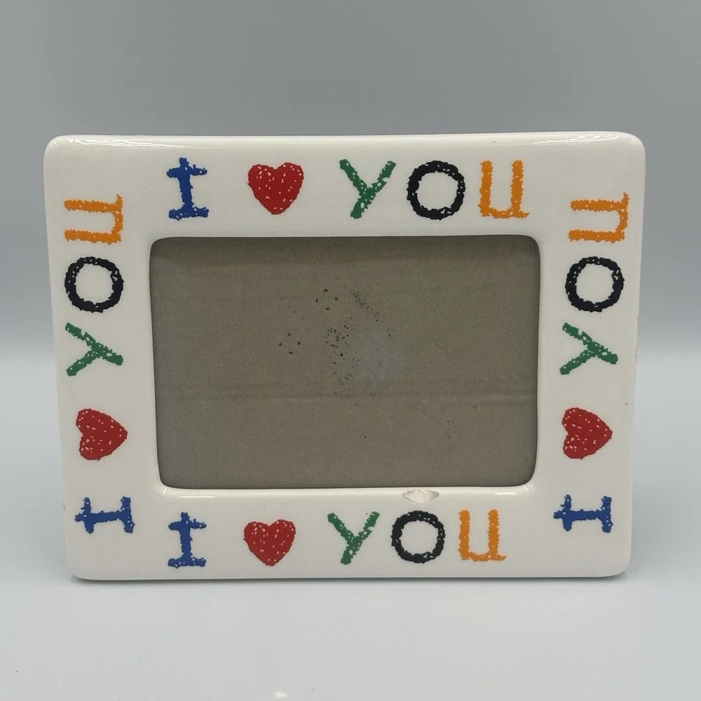 Vintage I‎ Love You White Ceramic Picture Frame Primary Colors 7 x 5.5